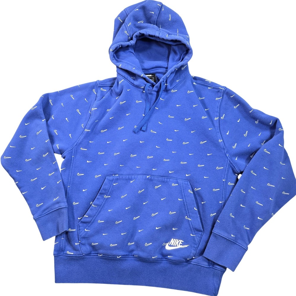 Nike Swoosh AOP Hoodie Sweatshirt Mens‎ Small Blue Fleece Pullover DC2767-480